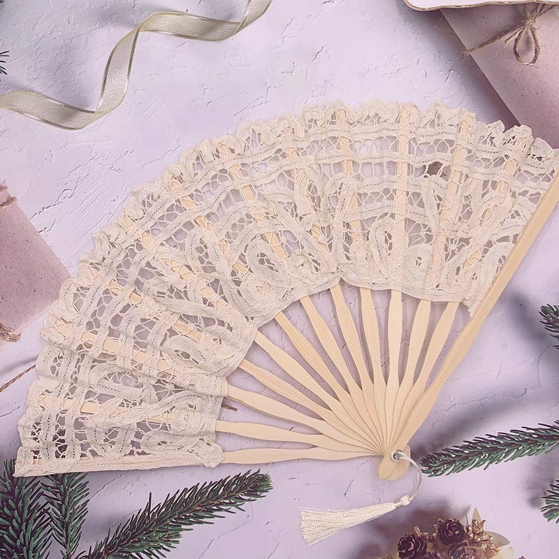 Propupy Folding Hand Fan,Womens Lace Fan Elegant Cotton Fans Handmade Vintage Retro Fans with Bamboo Staves and Silk Tassels for Wedding Bridal Shower Dancing Party - Image 2